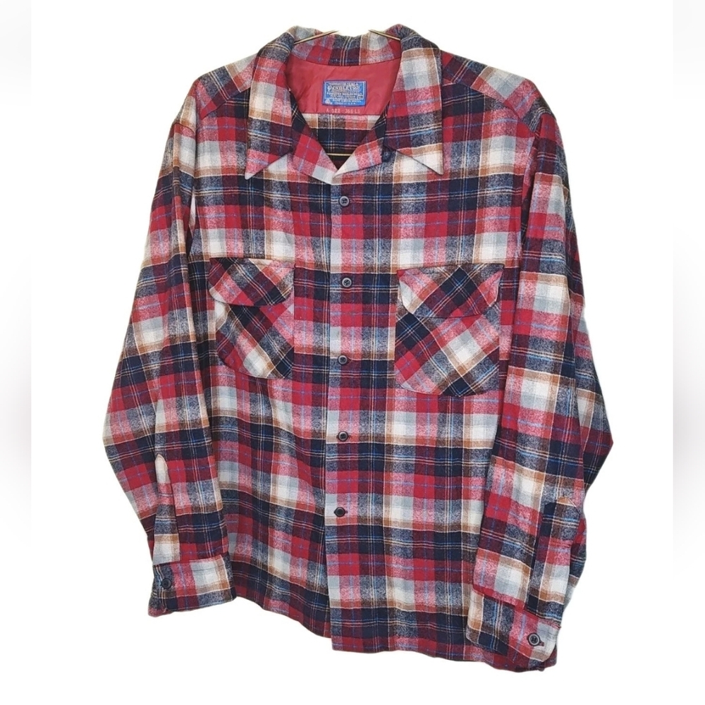 Pendleton Wool Board Shirt Jacket XL Red Tartan Plaid Button Loop Collar Vtg USA